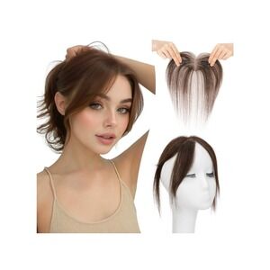 Real Human Hair Clip in Bangs Middle Part Dark Brown Brunette Natural Light